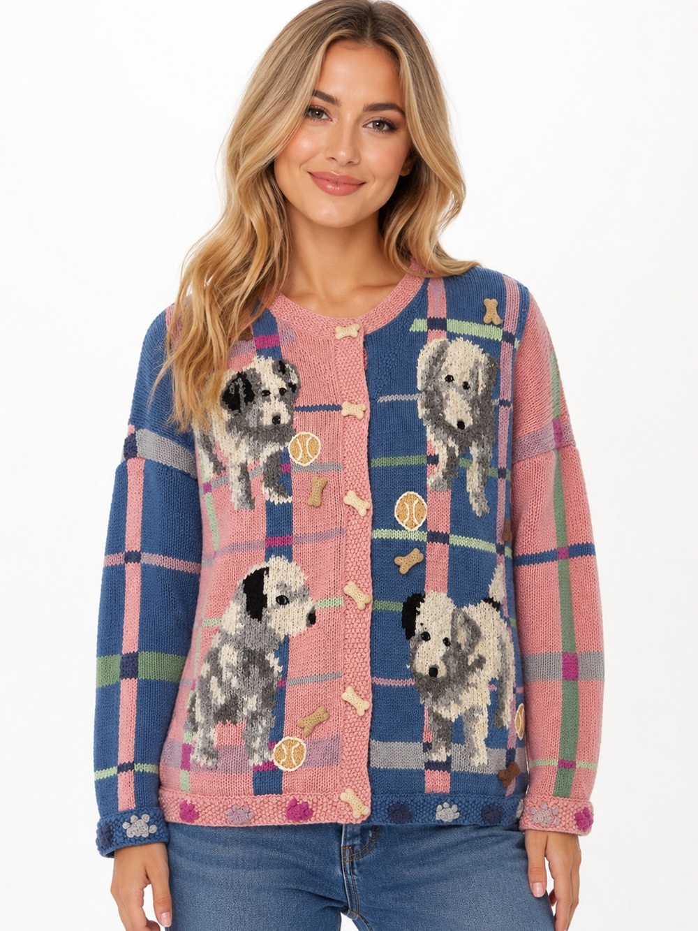 RARE Storybook Knits Vintage Dog Plaid 3D Applique Cardigan Sweater L